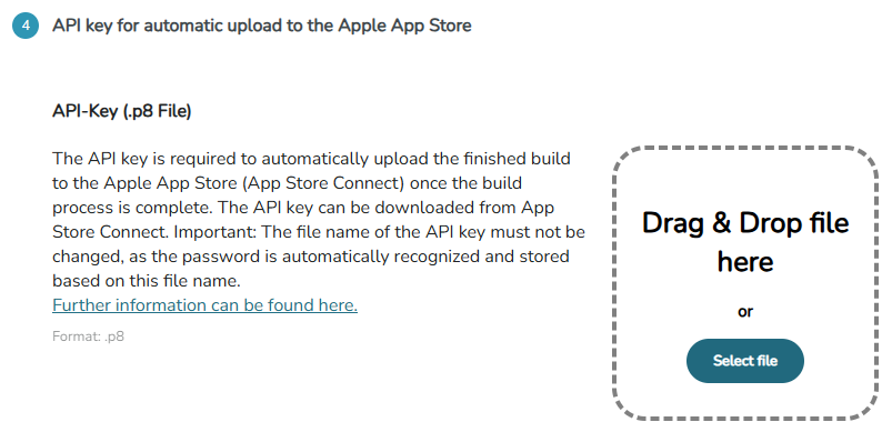 Screenshot of the upload of the Apple API key in mos.portal